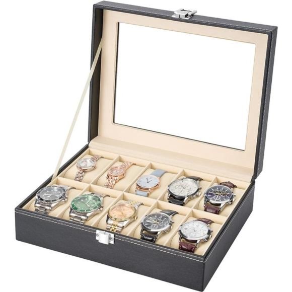 NEW - Watch Box Display Case Leather Jewelry Organizer with Glass Top - Picture 5 of 6